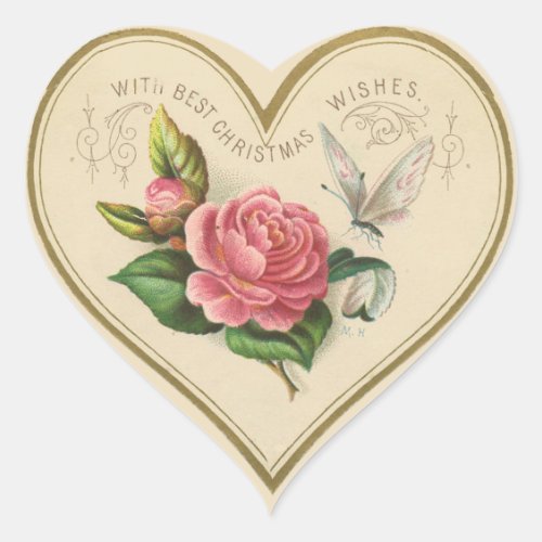 Vintage Christmas Rose and Butterfly Heart Sticker