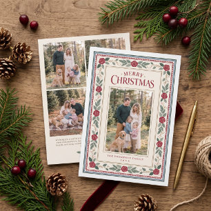 Vintage Christmas Rose Family Photo Holiday Card