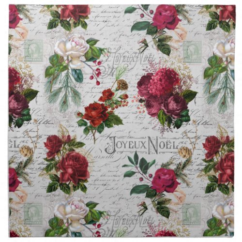 Vintage Christmas Rose Joyeux Noel Ephemera Cloth Napkin