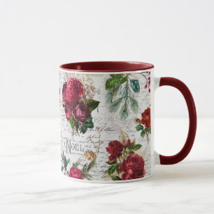 Vintage Christmas Rose Joyeux Noel Ephemera Mug