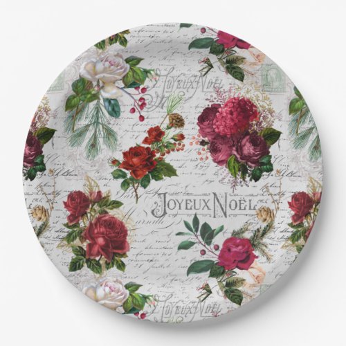 Vintage Christmas Rose Joyeux Noel Ephemera Paper Plates