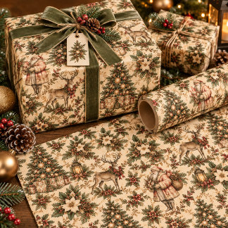 Vintage Christmas Sage Green and Beige Woodland Wrapping Paper