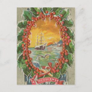 Vintage Christmas Sailboat Wreath Holiday Postcard