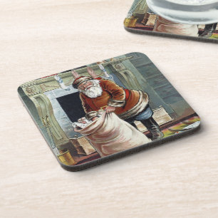 Vintage Christmas, Saint Nicholas by the Fireplace Beverage Coaster