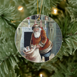 Vintage Christmas, Saint Nicholas by the Fireplace Ceramic Ornament