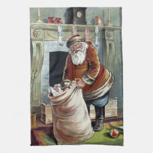 Vintage Christmas, Saint Nicholas by the Fireplace Kitchen Towel