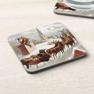 Vintage Christmas, Saint Nicholas on the Rooftop Beverage Coaster