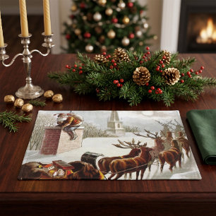 Vintage Christmas, Saint Nicholas on the Rooftop Cloth Placemat
