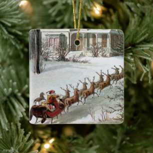 Vintage Christmas, Saint Nicholas with Reindeer Ceramic Ornament