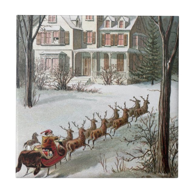 Vintage Christmas, Saint Nicholas with Reindeer Ceramic Tile (Front)