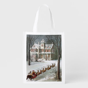 Vintage Christmas, Saint Nicholas with Reindeer Grocery Bag