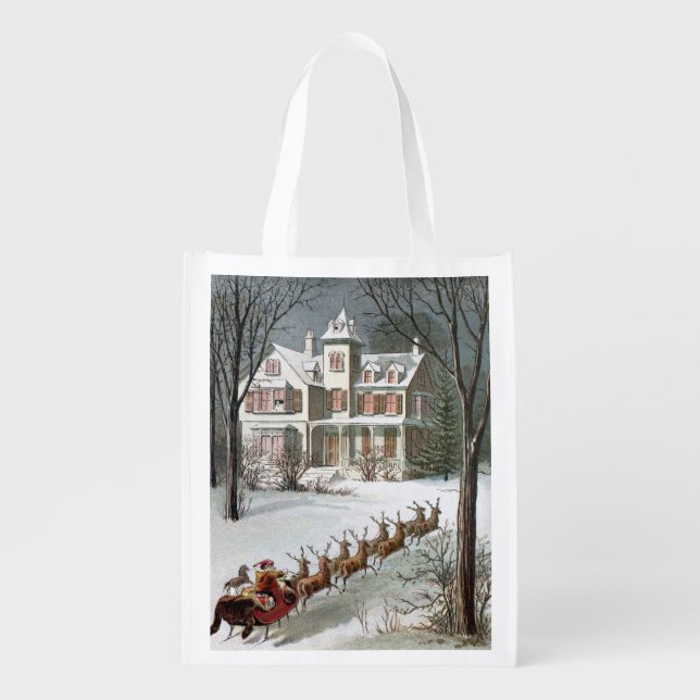 Vintage Christmas, Saint Nicholas with Reindeer Grocery Bag (Front)