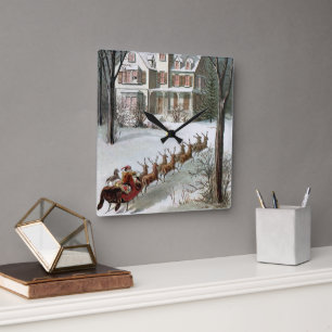 Vintage Christmas, Saint Nicholas with Reindeer Square Wall Clock