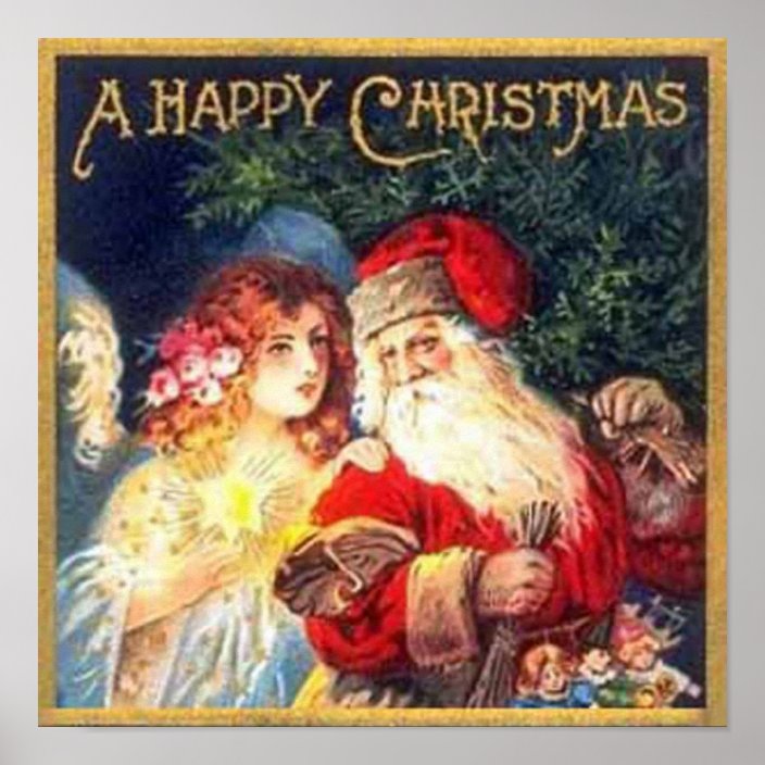 Vintage Christmas Santa And Angel Print Zazzle Com