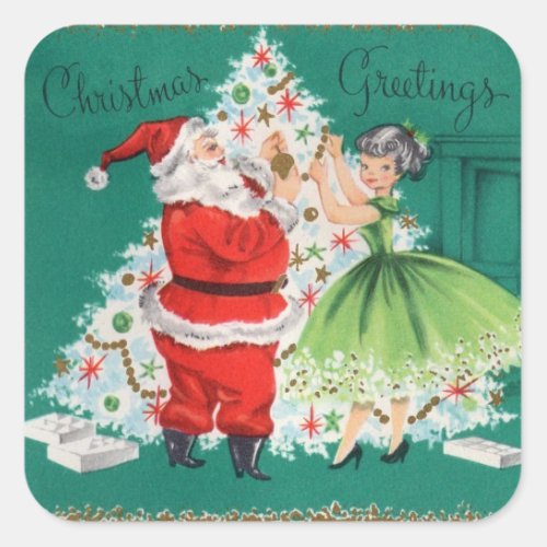 Vintage Christmas Santa and Girl Decorating Tree Square Sticker