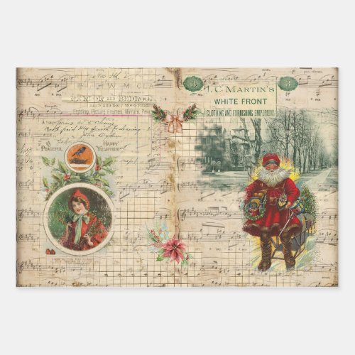 Vintage Christmas Santa and Musical Notes  Wrapping Paper Sheets