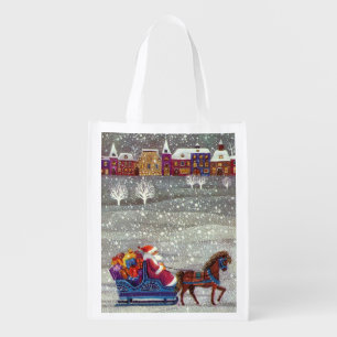 Vintage Christmas, Santa and One Horse Open Sleigh Grocery Bag