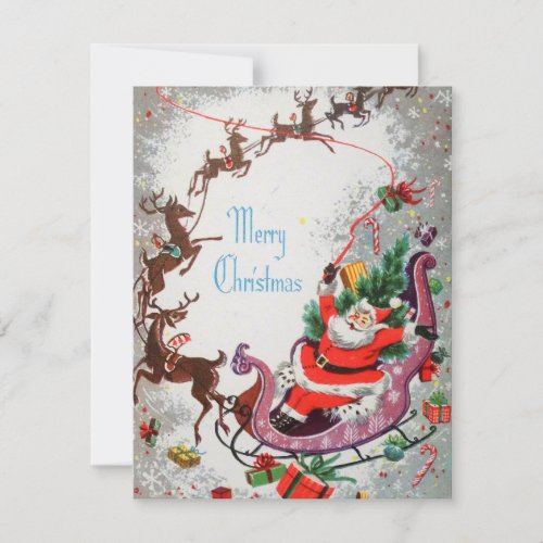 Vintage Christmas Santa And Reindeer Holiday Card