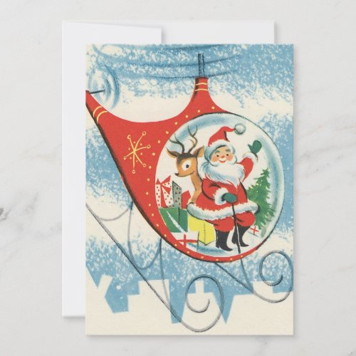 Vintage Christmas Santa And Reindeer In Helicopter Holiday Card