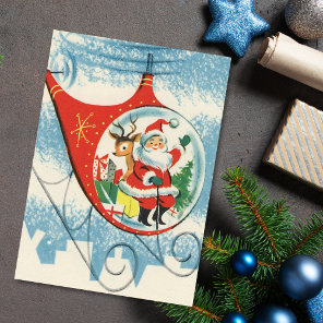 Vintage Christmas Santa And Reindeer In Helicopter Holiday Card