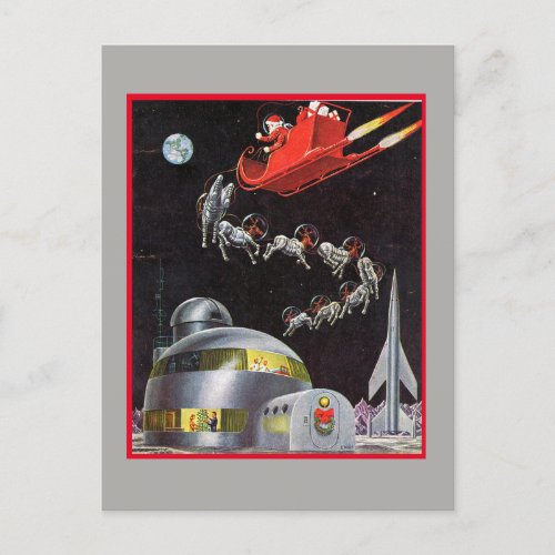 Vintage Christmas Santa and Reindeer In Space Holiday Postcard