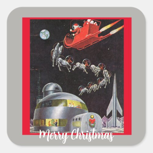 Vintage Christmas Santa and Reindeer In Space Square Sticker