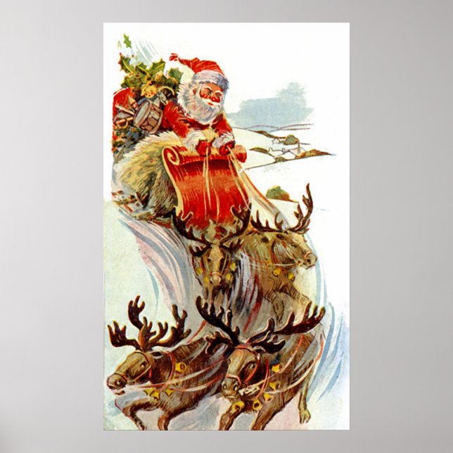 Vintage Christmas Santa and Reindeer Sleigh Print (Front)