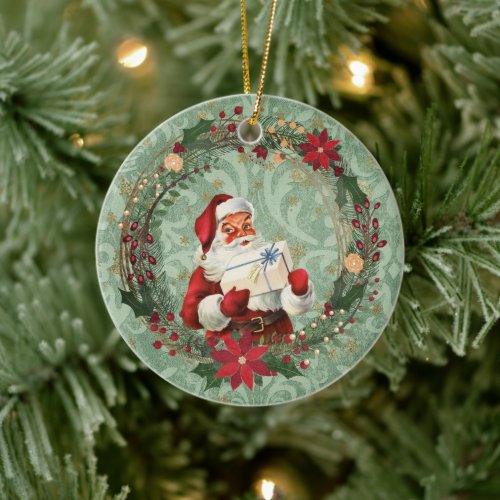 Vintage Christmas Santa and Wreath Ceramic Ornament