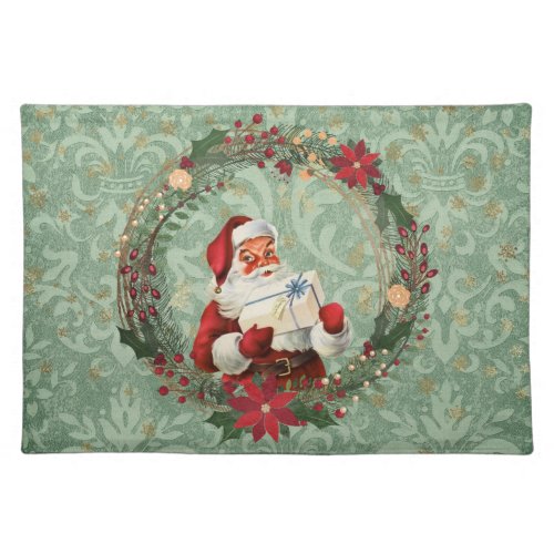 Vintage Christmas Santa and Wreath Cloth Placemat