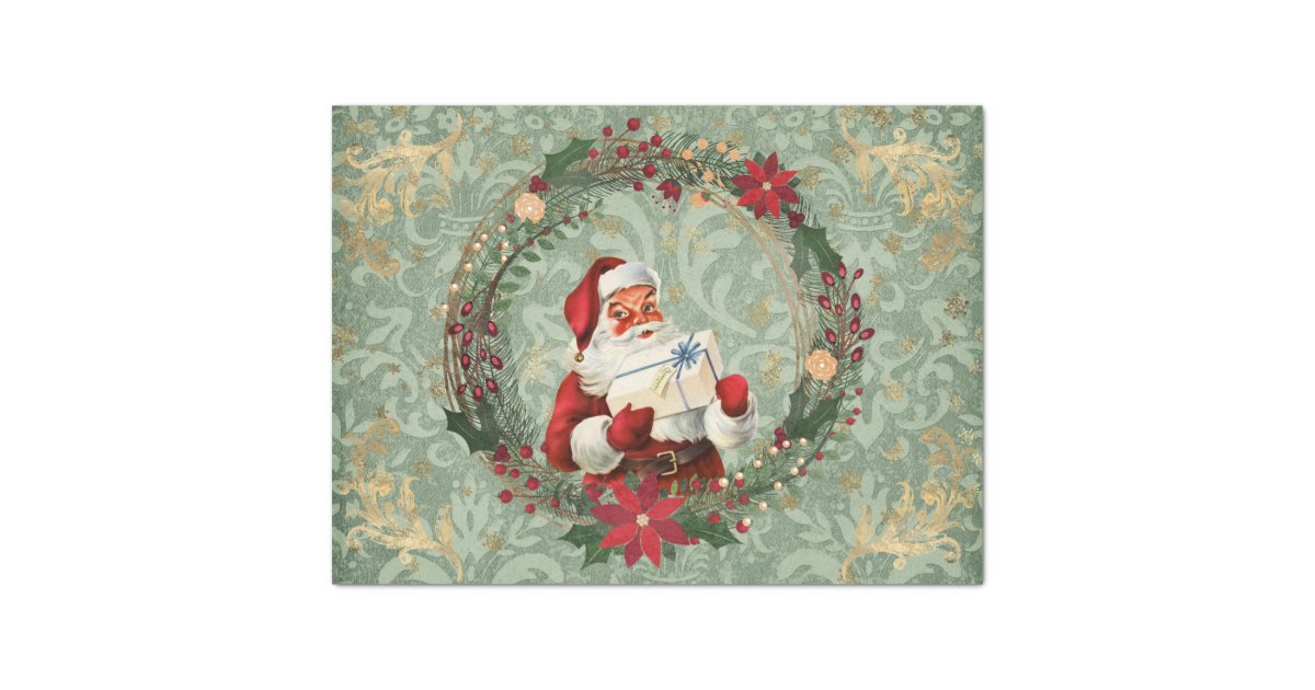 Vintage Christmas Santa and Wreath Decoupage Tissue Paper | Zazzle.com