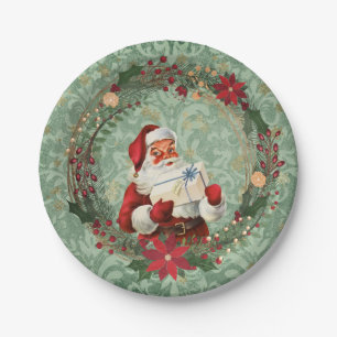 Vintage Christmas Santa and Wreath Paper Plates