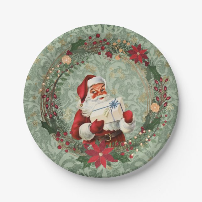 Vintage Christmas Santa and Wreath Paper Plates (Front)