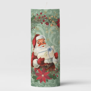 Vintage Christmas Santa and Wreath Pillar Candle