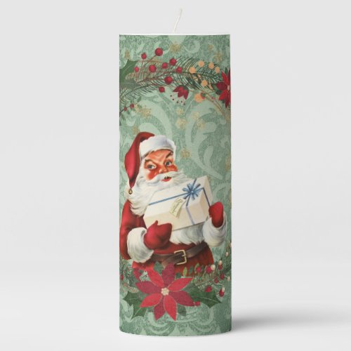 Vintage Christmas Santa and Wreath Pillar Candle