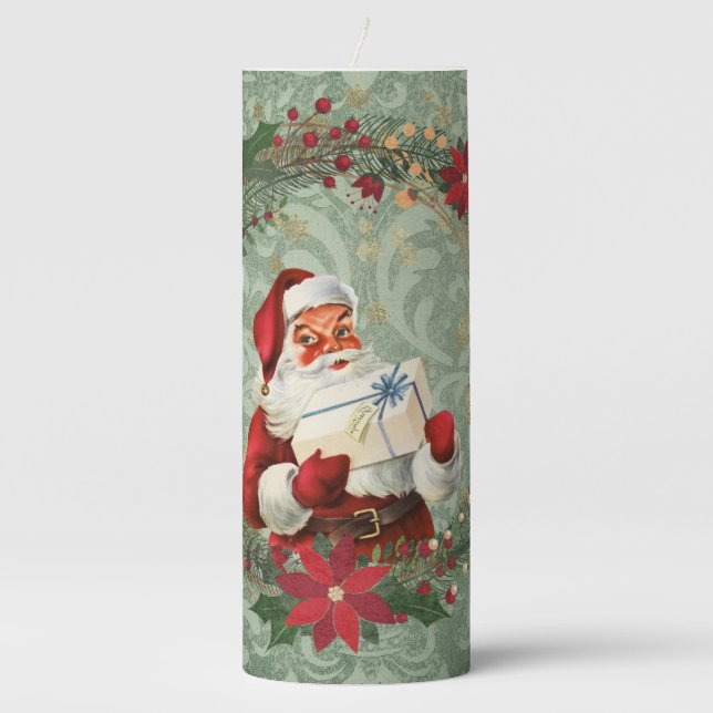 Vintage Christmas Santa and Wreath Pillar Candle (Front)