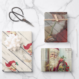 Vintage Christmas Santa Art on Wooden Pattern Wrapping Paper Sheets