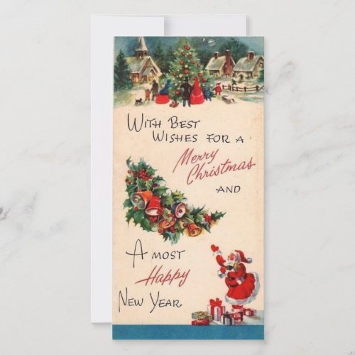 Vintage Christmas Santa Bells Ringing Family Tree Holiday Card