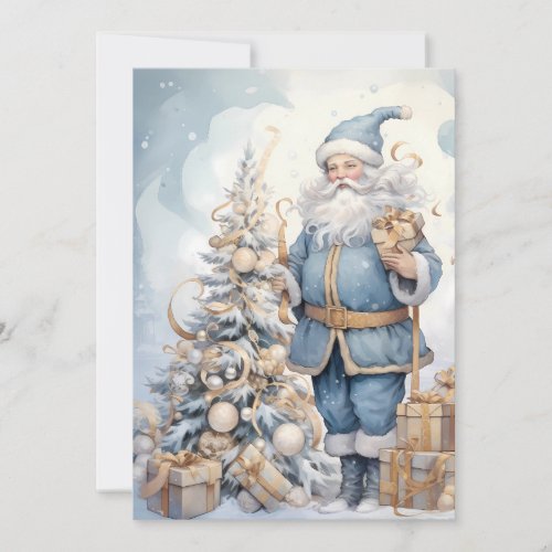 Vintage Christmas Santa Blue Gold Holiday Card