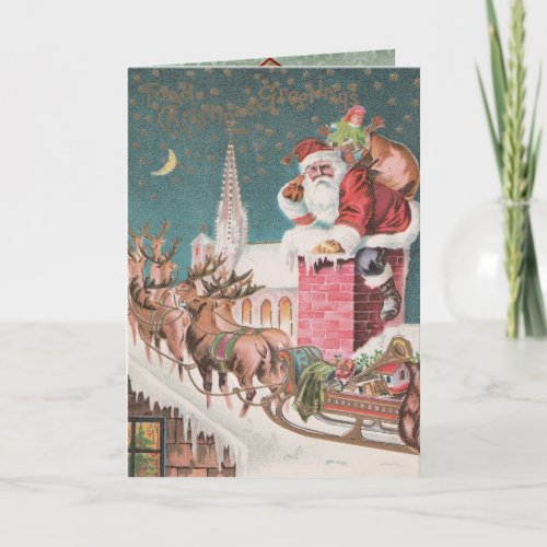 Vintage Christmas Santa Bringing Gifts Holiday Card