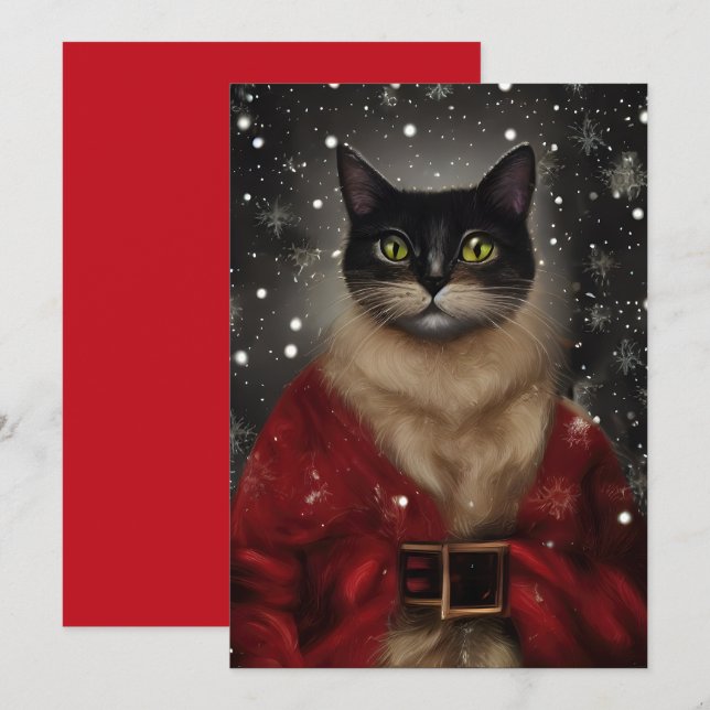 Vintage Christmas Santa Cat Flat Note Card (Front/Back)