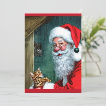 Vintage Christmas Santa  Cat &mouse Flat Note Card by vintagecreations at Zazzle
