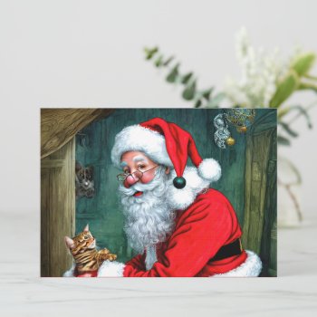 Vintage Christmas Santa  Cat  Mouse Flat Note Card by vintagecreations at Zazzle