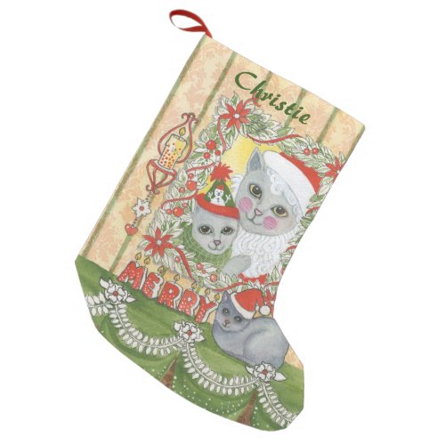 Vintage Christmas Santa Cat with Kitten Small Christmas Stocking