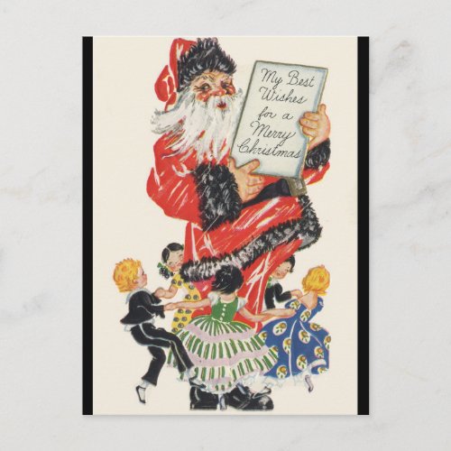 Vintage Christmas Santa Claus and Children Dance Holiday Postcard