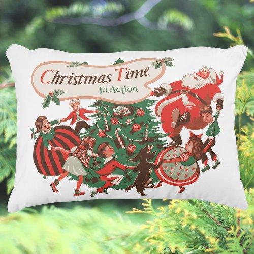 Vintage Christmas Santa Claus and Dancing Children Accent Pillow