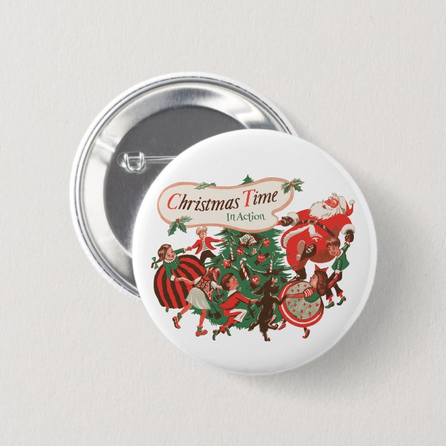 Vintage Christmas Santa Claus and Dancing Children Button (Front & Back)