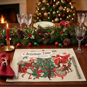 Vintage Christmas Santa Claus and Dancing Children Cloth Placemat
