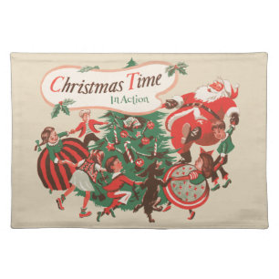 Vintage Christmas Santa Claus and Dancing Children Cloth Placemat