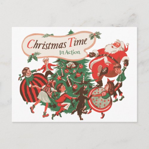 Vintage Christmas Santa Claus and Dancing Children Holiday Postcard