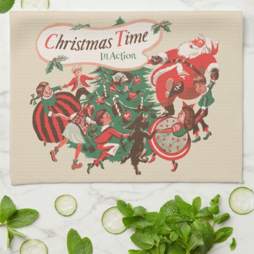 Vintage Christmas Santa Claus and Dancing Children Kitchen Towel